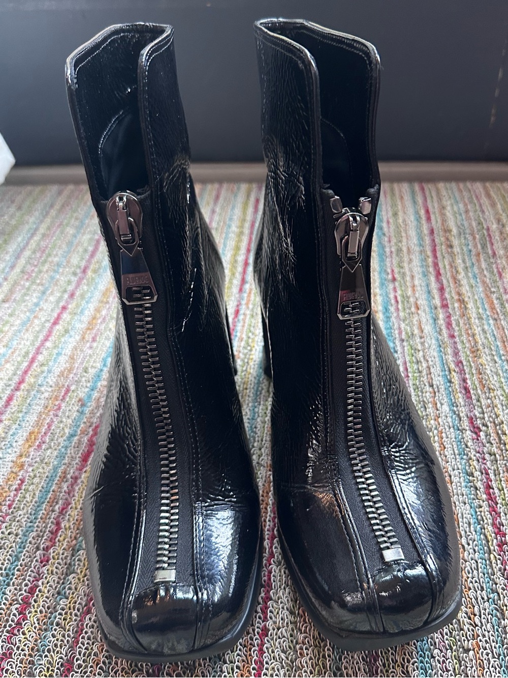 Fluevog EXCELLENT Together Hi Niki black patent leather frontzip heeled boot-7.5 - Picture 3 of 16
